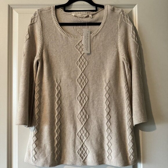 NEW Soft Surroundings Reza Diamond Lattice Flare Sleeve Sweater Beige PS NWT - Picture 2 of 5